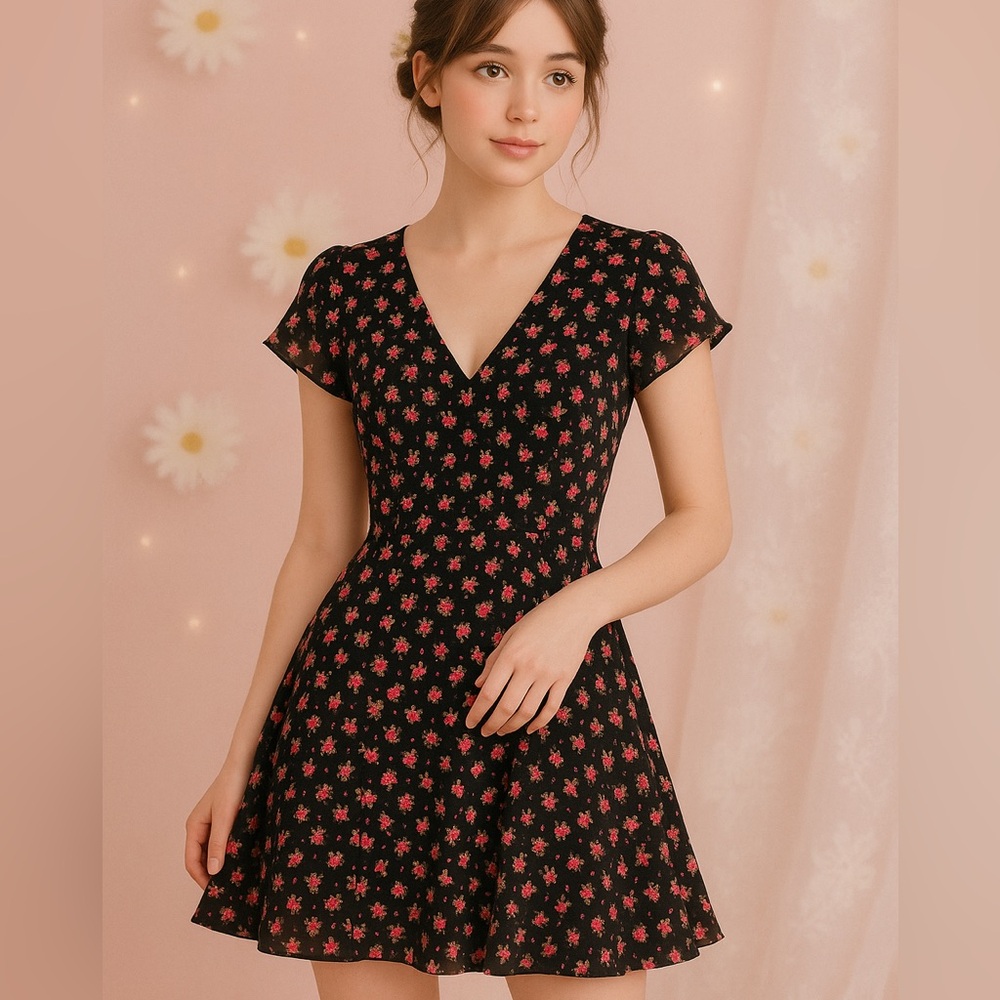 Forever 21 Black Floral Mini Dress Womenās M - V Neck Stretchy Zip Fit & Flare